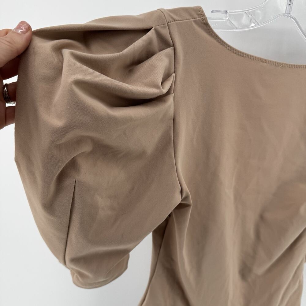 Womens Size XS (0-2) Free People Intimately Tan Nude Bodysuit Puff Sleeve Deep V - Picture 5 of 8